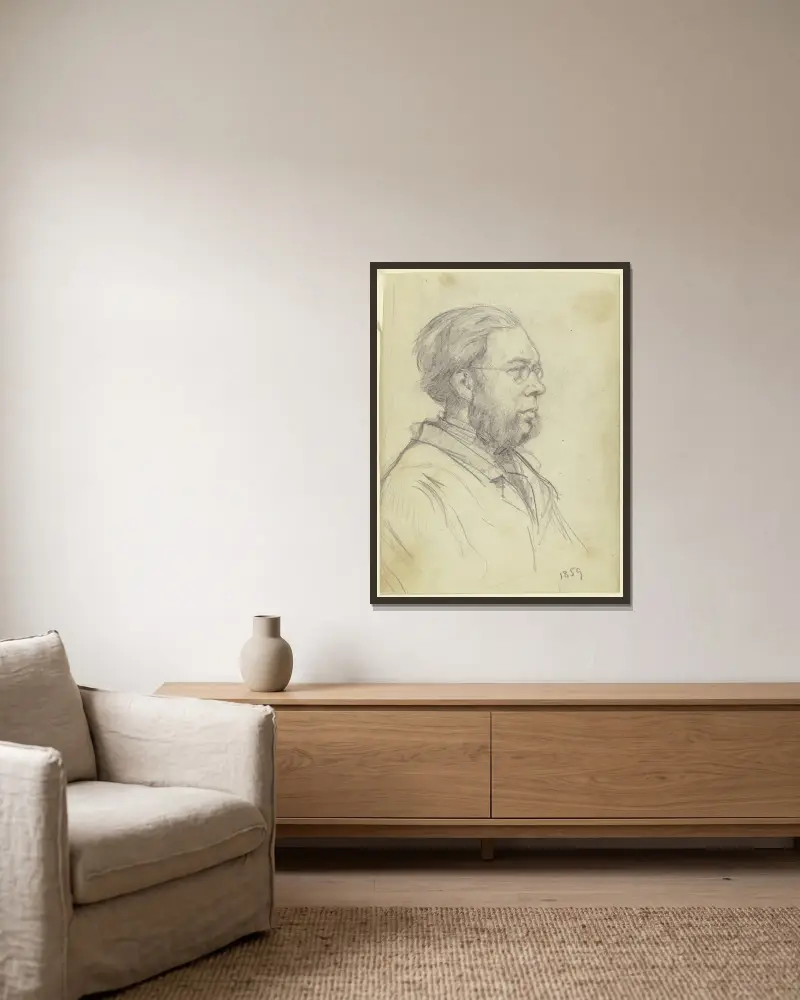 Portret mężczyzny w półpostaci zwróconego w lewo z brodą dwudzielną i okularami, Otto Scholderer w ramie na ścianie