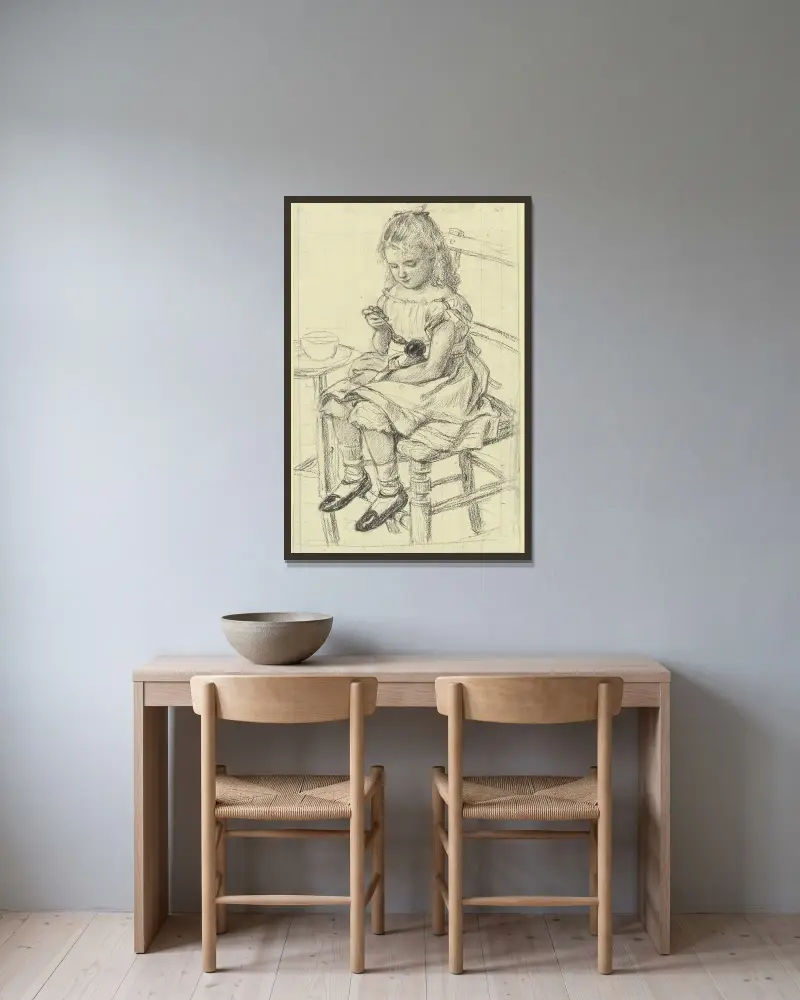 Dívka krmící svou panenku, Otto Scholderer v rámu na stěně