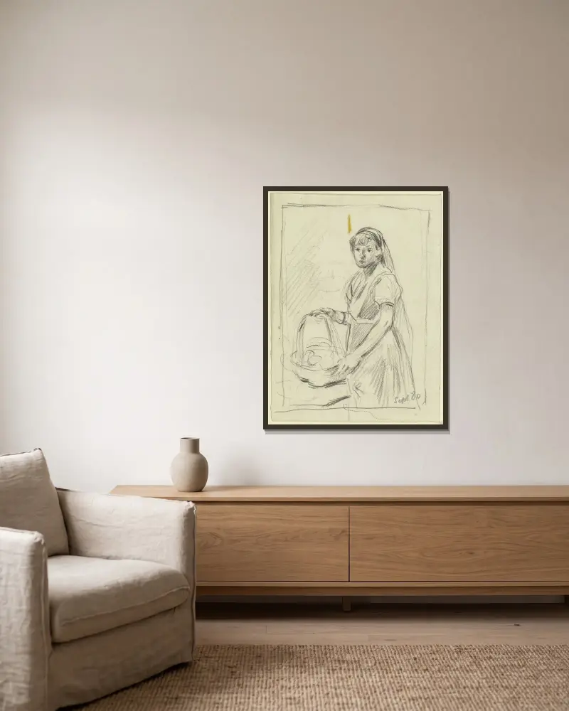 Girl with a basket av Otto Scholderer inramad på en vägg