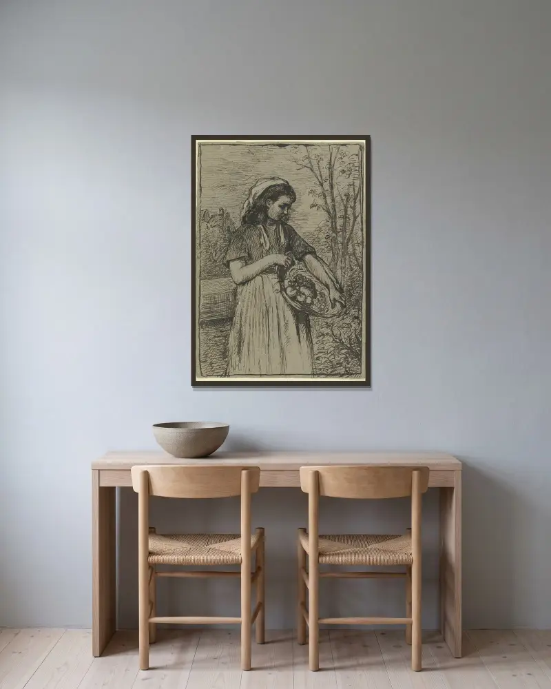 Girl with a fruit basket av Otto Scholderer inramad på en vägg