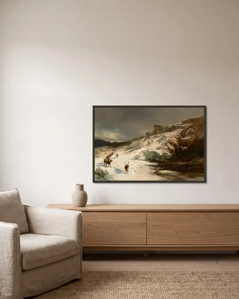 Karibu in den Bergen von Hermann Ottomar Herzog gerahmt an einer Wand