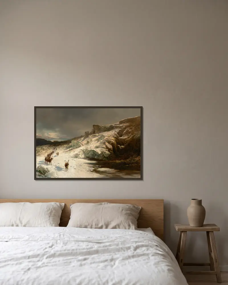 Karibu in den Bergen von Hermann Ottomar Herzog gerahmt an einer Wand