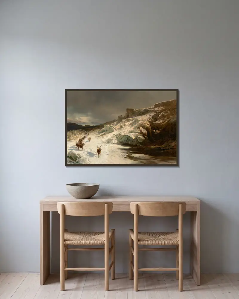 Karibu in den Bergen von Hermann Ottomar Herzog gerahmt an einer Wand