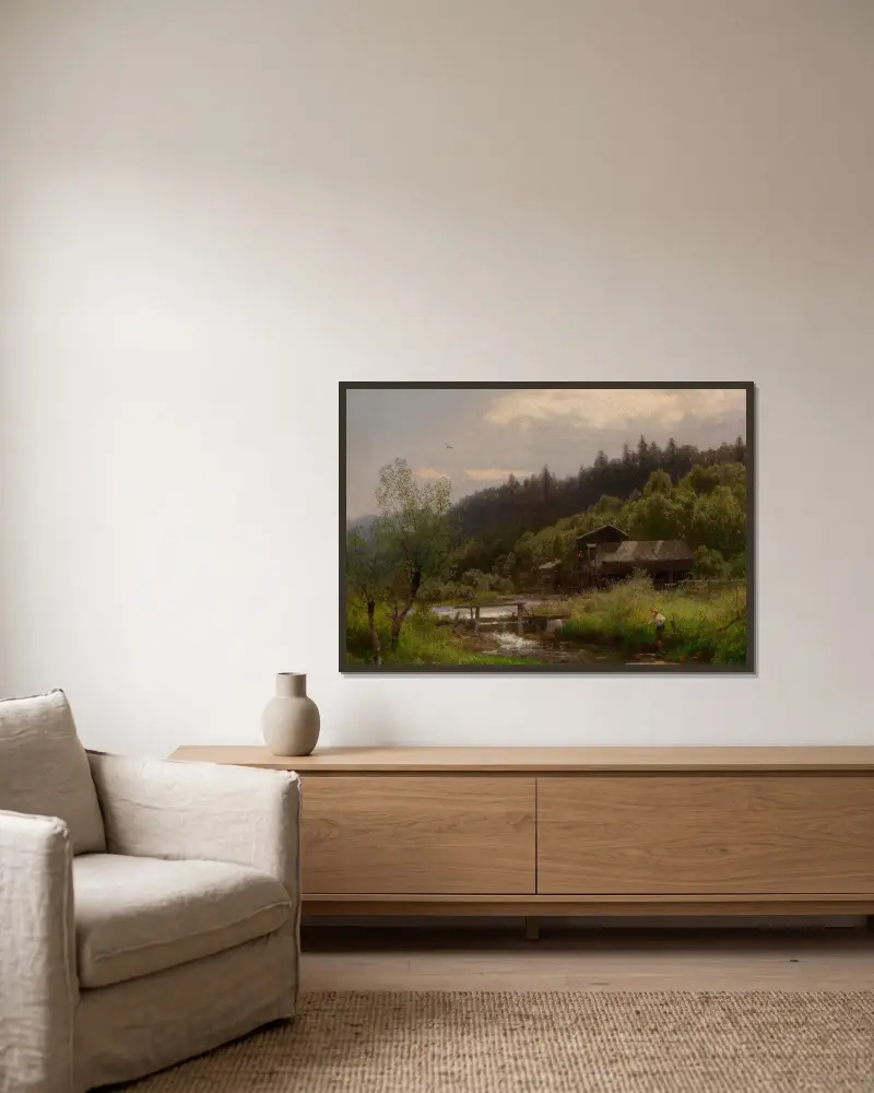 Bondgård vid bäcken av Hermann Ottomar Herzog inramad på en vägg