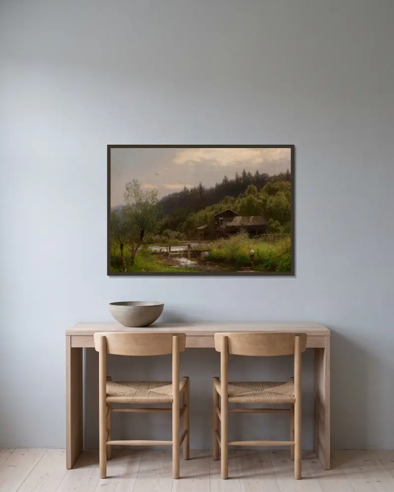 Bondgård vid bäcken av Hermann Ottomar Herzog inramad på en vägg
