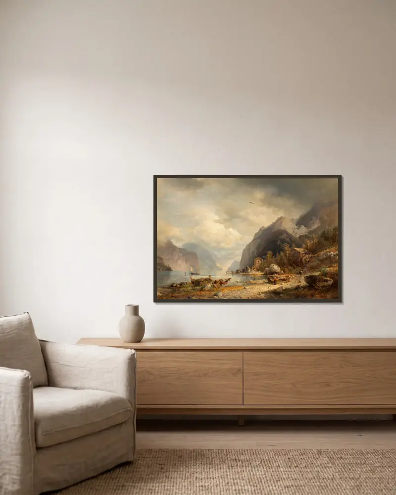 Fiskeby av Hermann Ottomar Herzog inramad på en vägg