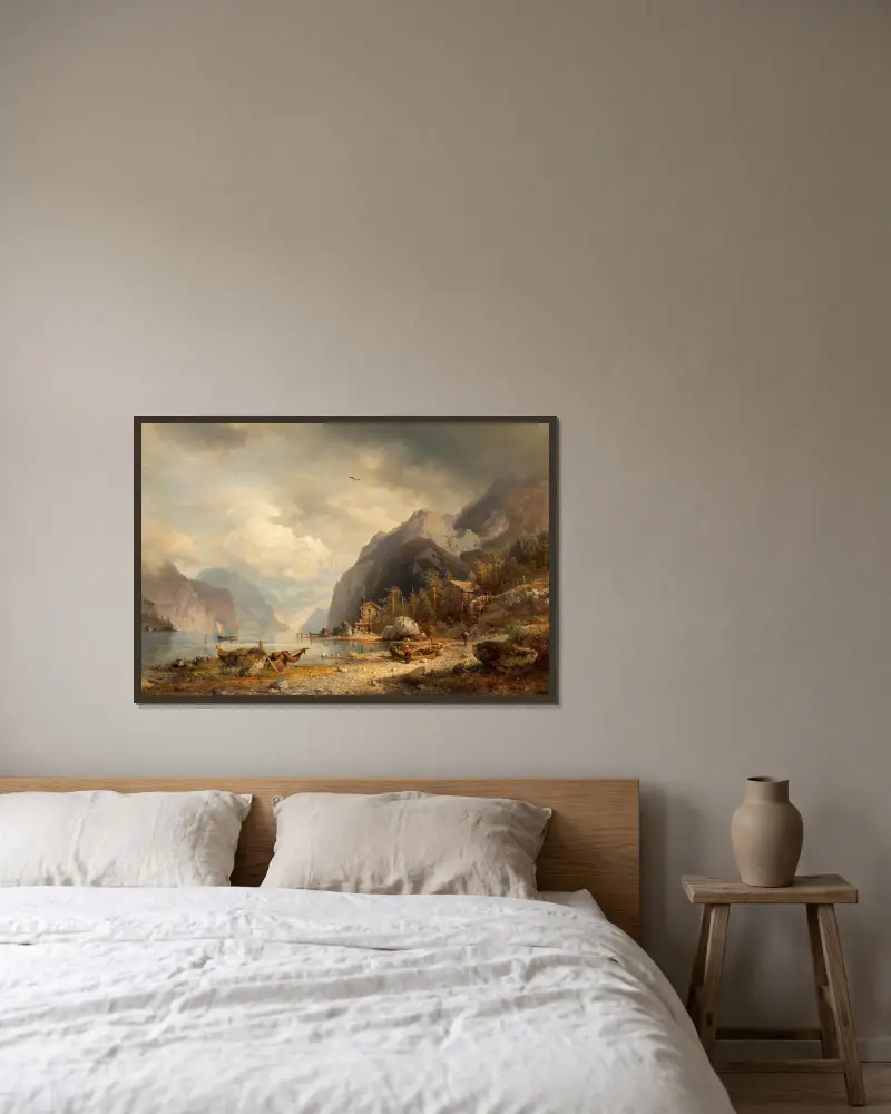 Fiskeby av Hermann Ottomar Herzog inramad på en vägg