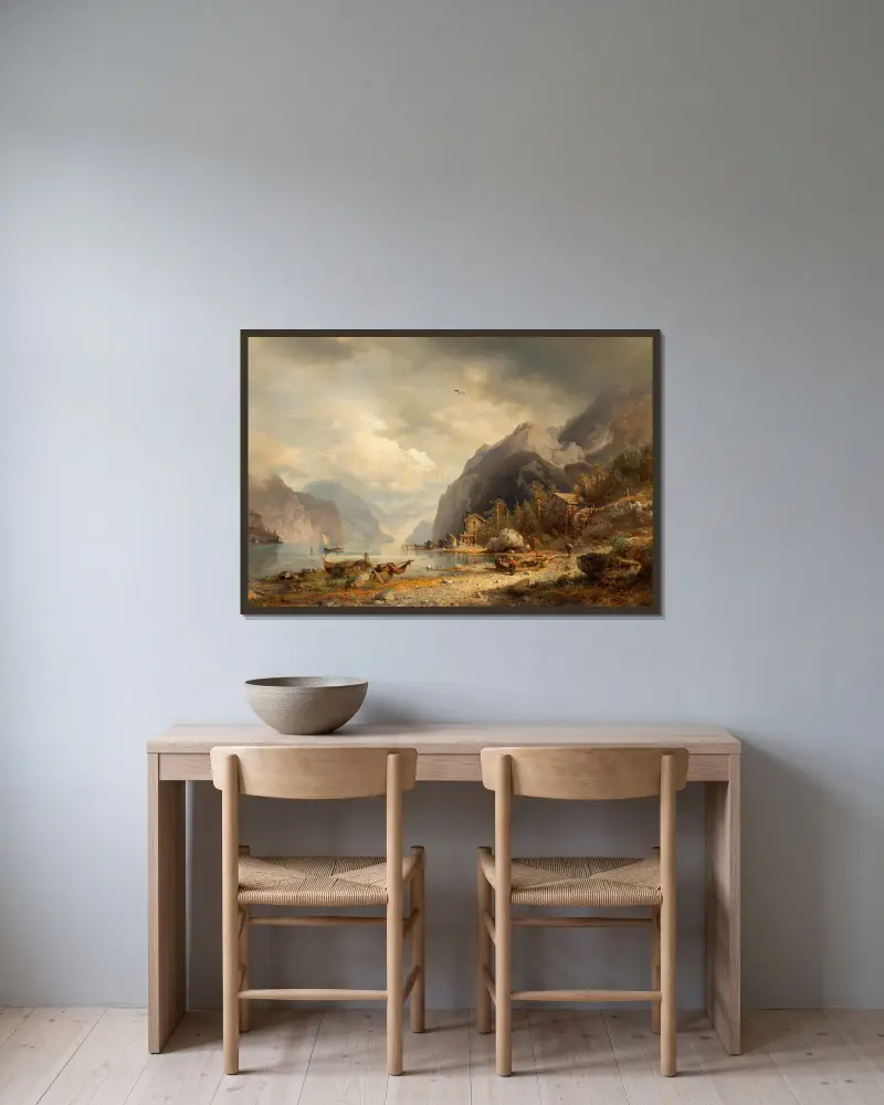 Fiskeby av Hermann Ottomar Herzog inramad på en vägg