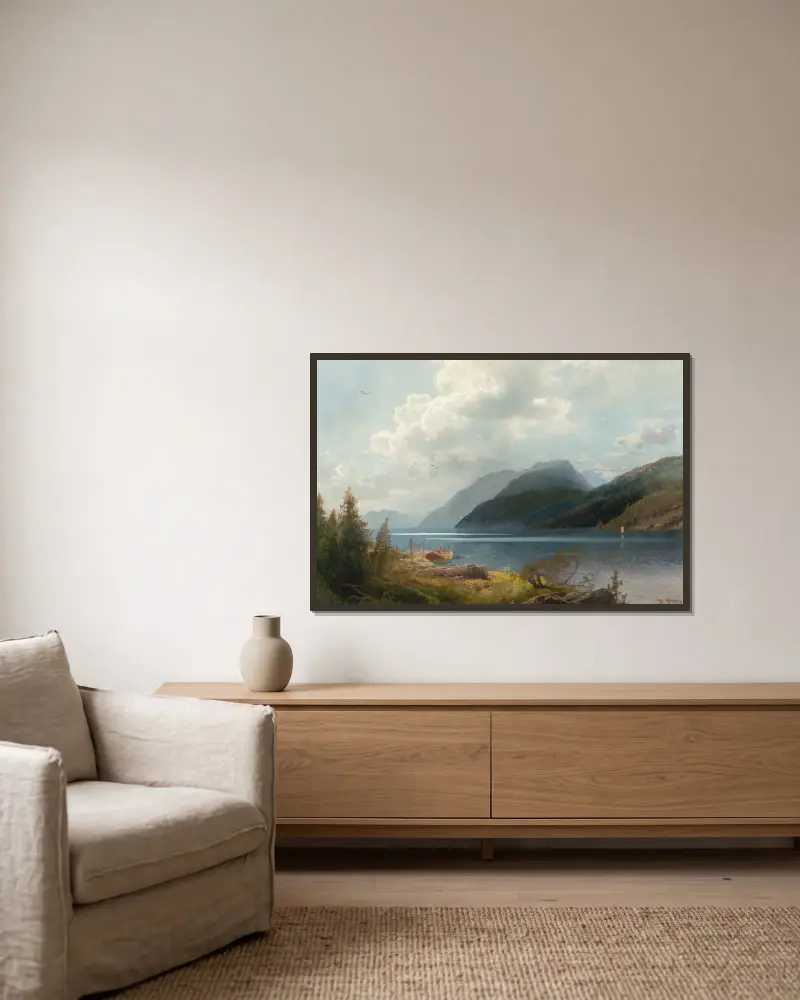 Bergssjö, Sognefjorden, Norge av Hermann Ottomar Herzog inramad på en vägg