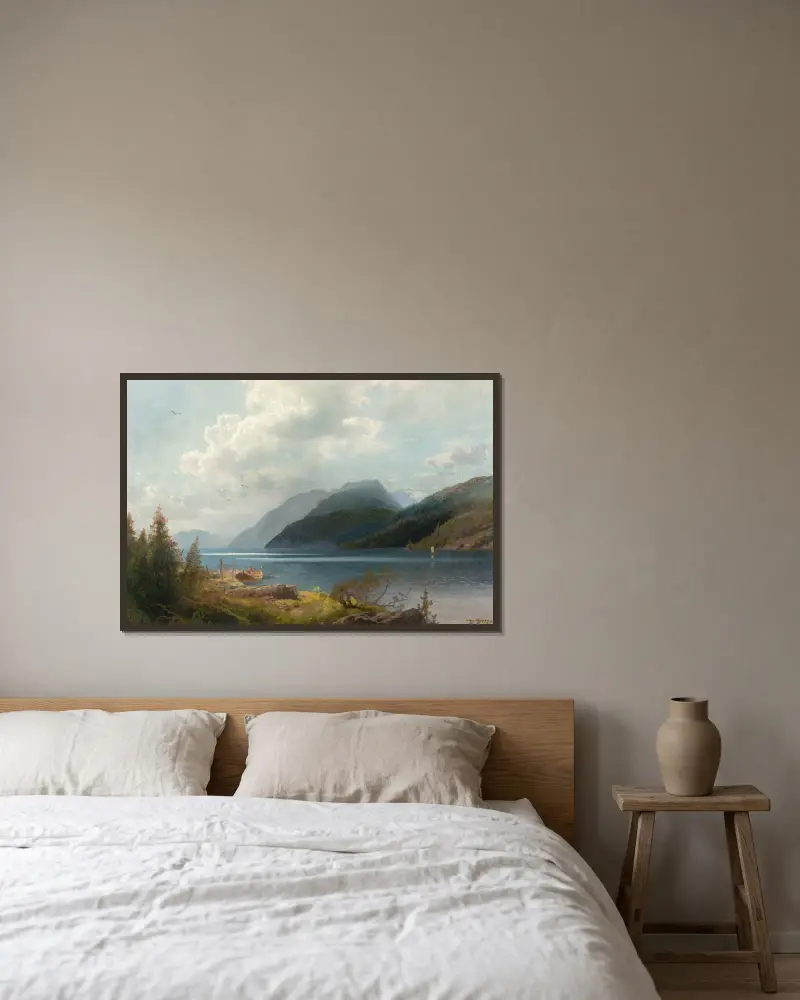 Bergssjö, Sognefjorden, Norge av Hermann Ottomar Herzog inramad på en vägg