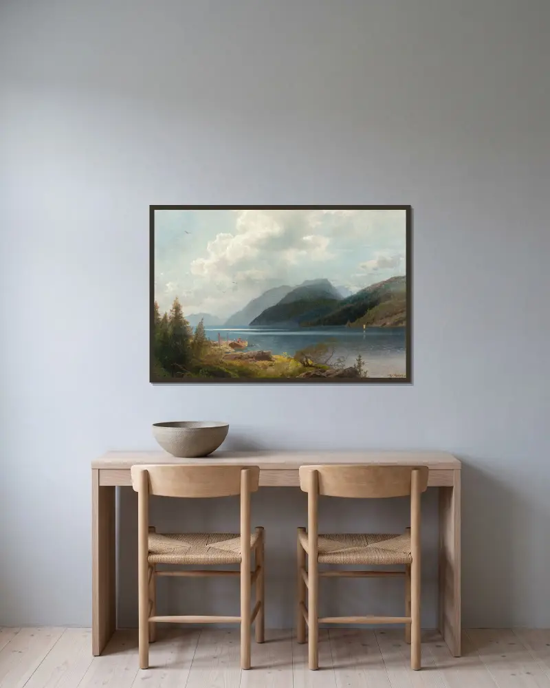 Bergssjö, Sognefjorden, Norge av Hermann Ottomar Herzog inramad på en vägg