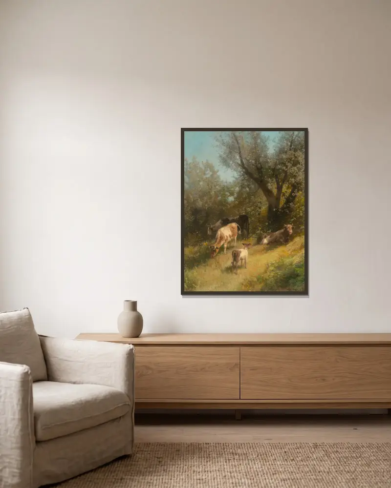 Sommerweide, Chester County von Hermann Ottomar Herzog gerahmt an einer Wand