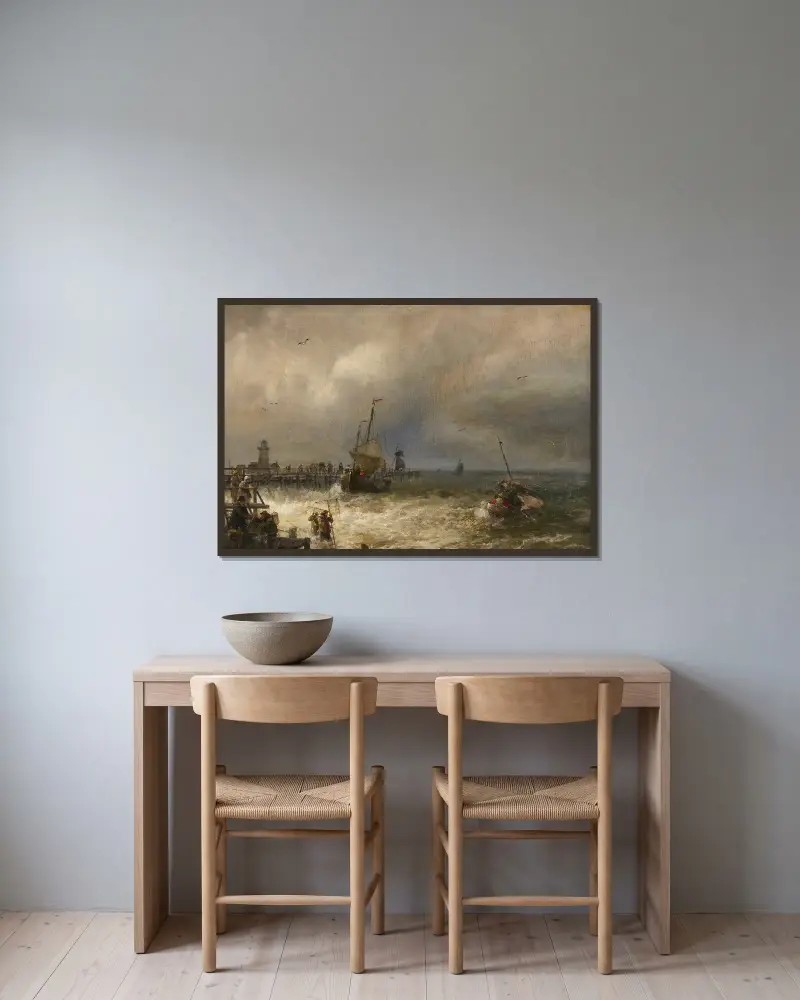 Die Rückkehr vom Fischfang von Hermann Ottomar Herzog gerahmt an einer Wand