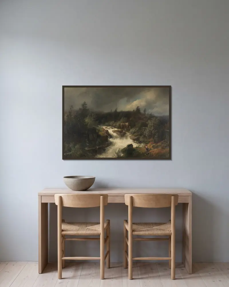 Vattenkvarn vid dånande bergsbäck av Hermann Ottomar Herzog inramad på en vägg