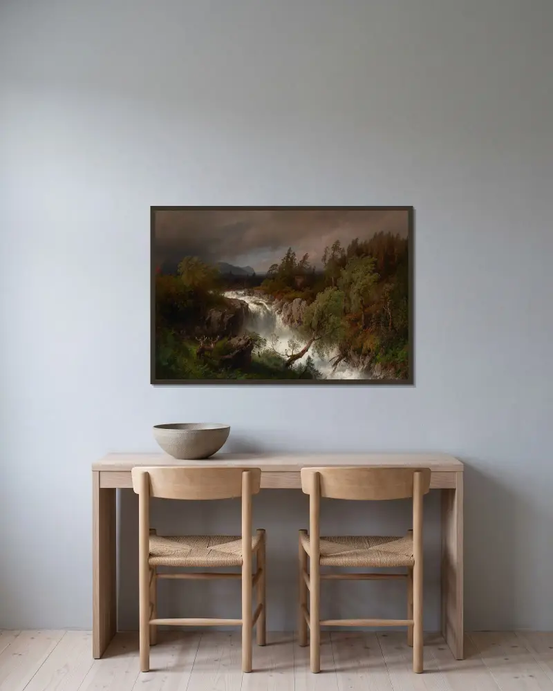 Waterfall in Telemarken Norway av Hermann Ottomar Herzog inramad på en vägg