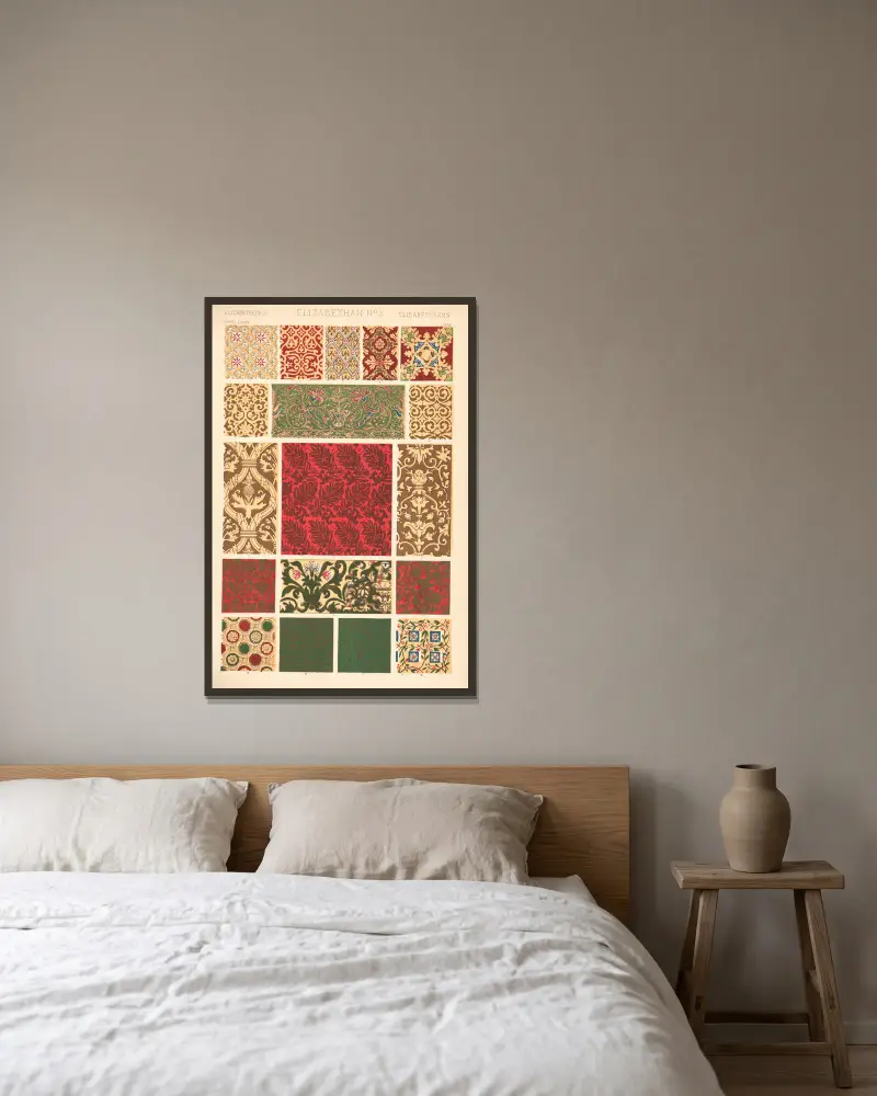 Elisabethanisches Ornament Nr. 3 – Nr. 1 von Owen Jones gerahmt an einer Wand