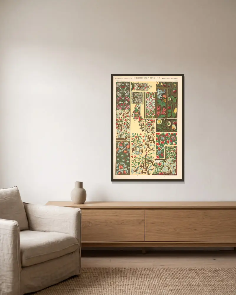Illuminated Manuscripts No. 3 av Owen Jones inramad på en vägg