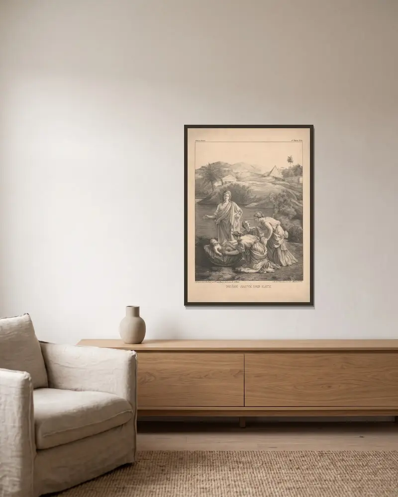 Moses wird aus dem Wasser gerettet von P. Bineteau gerahmt an einer Wand