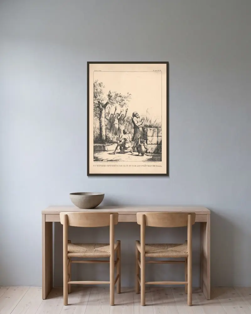 Opfer, dargebracht von Elia und den Priestern Baals von P. Bineteau gerahmt an einer Wand
