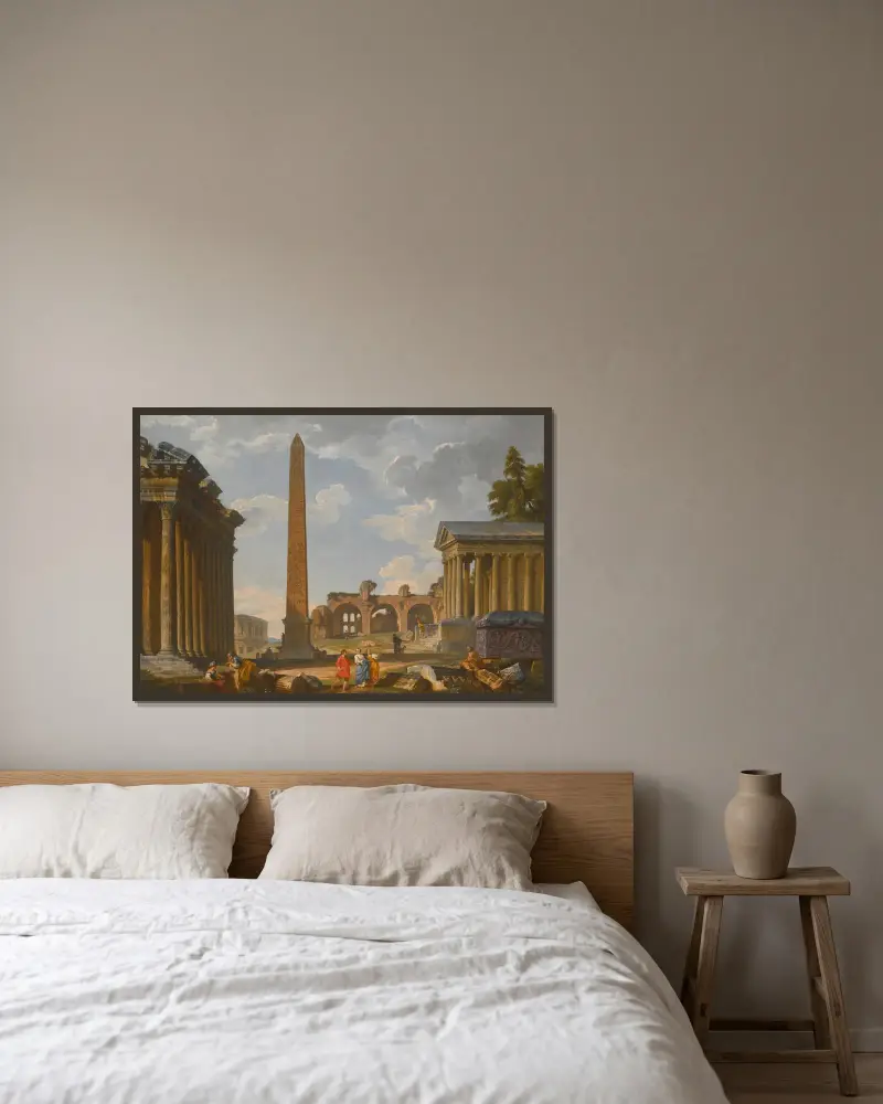 Capriccio von Rom mit antiken Ruinen und dem Flaminischen Obelisken, 1736 von Giovanni Paolo Panini gerahmt an einer Wand
