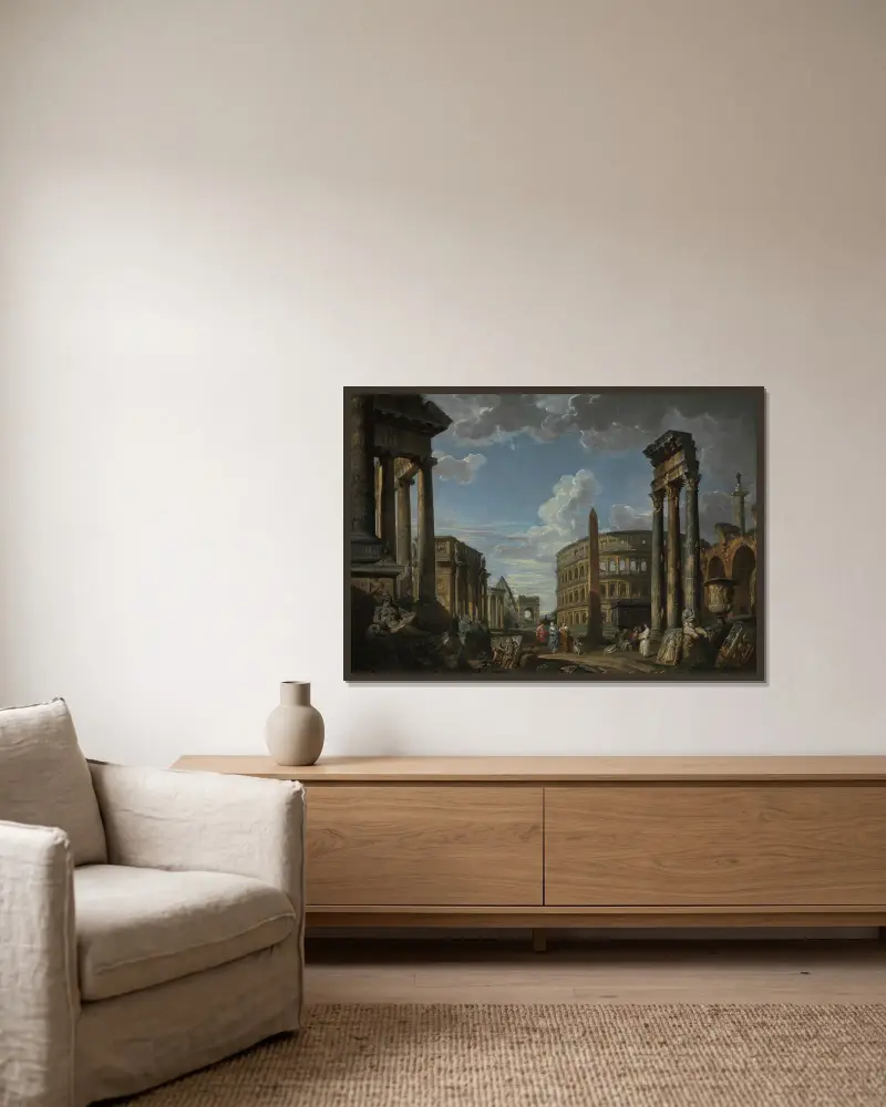 Architektonisches Capriccio mit Figuren zwischen römischen Ruinen von Giovanni Paolo Panini gerahmt an einer Wand