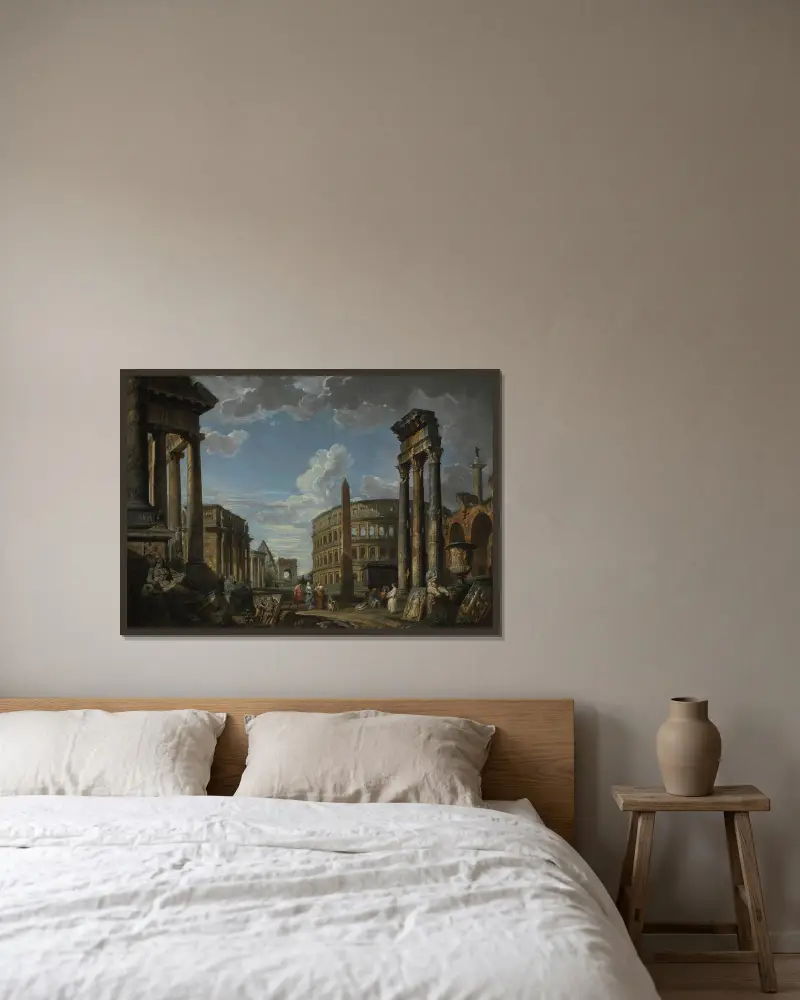 Architektonisches Capriccio mit Figuren zwischen römischen Ruinen von Giovanni Paolo Panini gerahmt an einer Wand