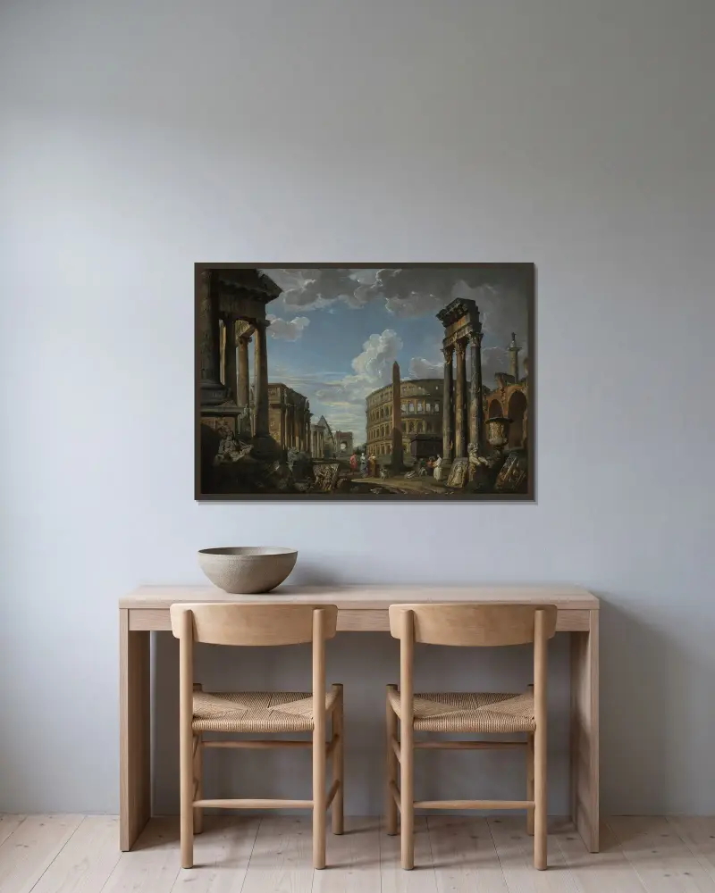 Architektonisches Capriccio mit Figuren zwischen römischen Ruinen von Giovanni Paolo Panini gerahmt an einer Wand