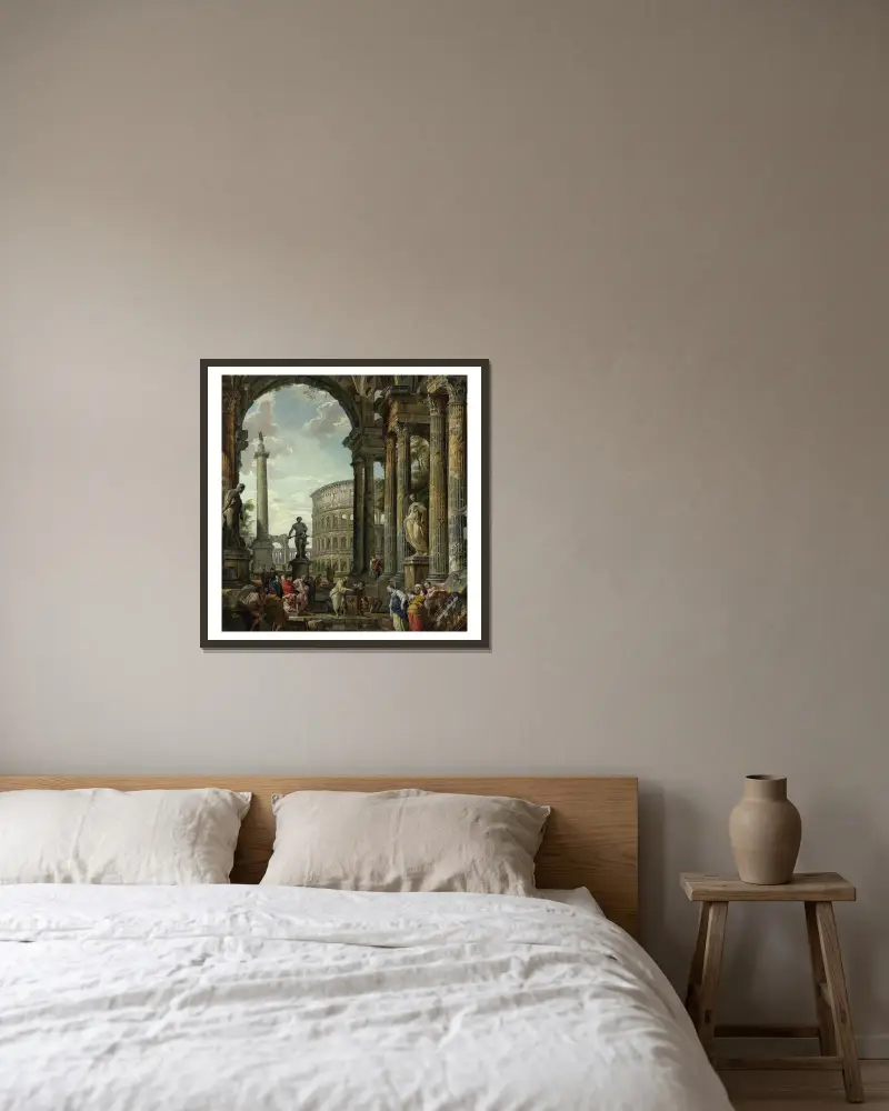 Ein architektonisches Capriccio mit dem Philosophen Diogenes und anderen Figuren von Giovanni Paolo Panini gerahmt an einer Wand