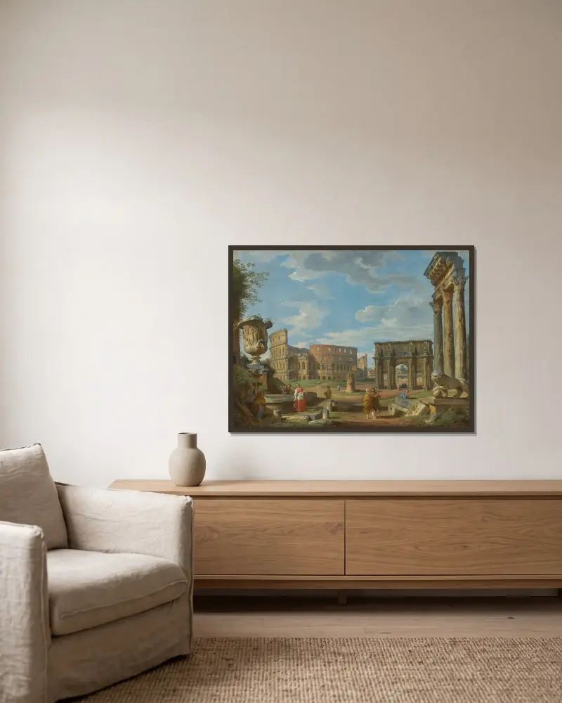 Capriccio römischer Monumente mit dem Kolosseum und dem Konstantinsbogen von Giovanni Paolo Panini gerahmt an einer Wand