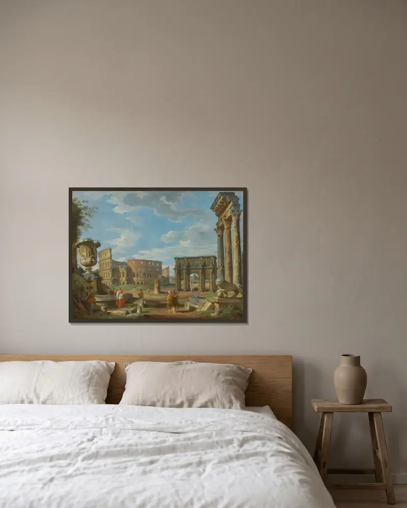 Capriccio römischer Monumente mit dem Kolosseum und dem Konstantinsbogen von Giovanni Paolo Panini gerahmt an einer Wand