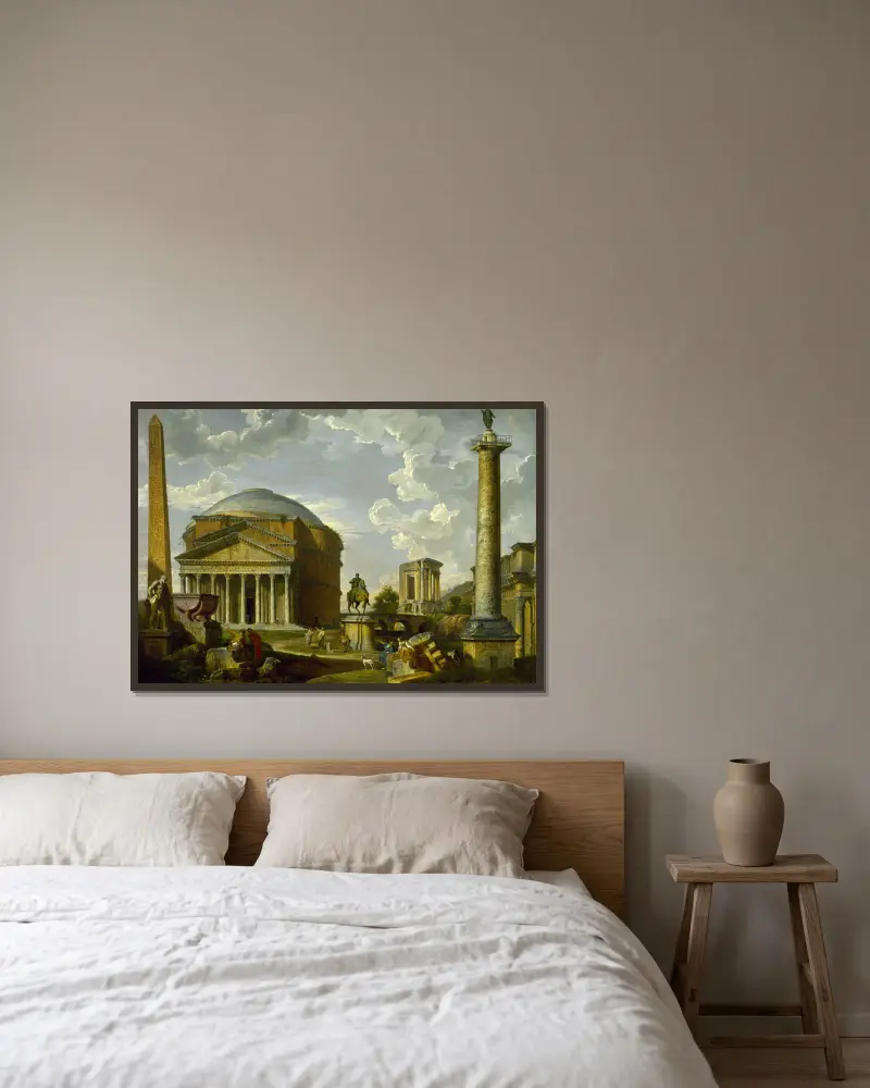 Fantasivy med Pantheon och andra monument från antikens Rom av Giovanni Paolo Panini inramad på en vägg