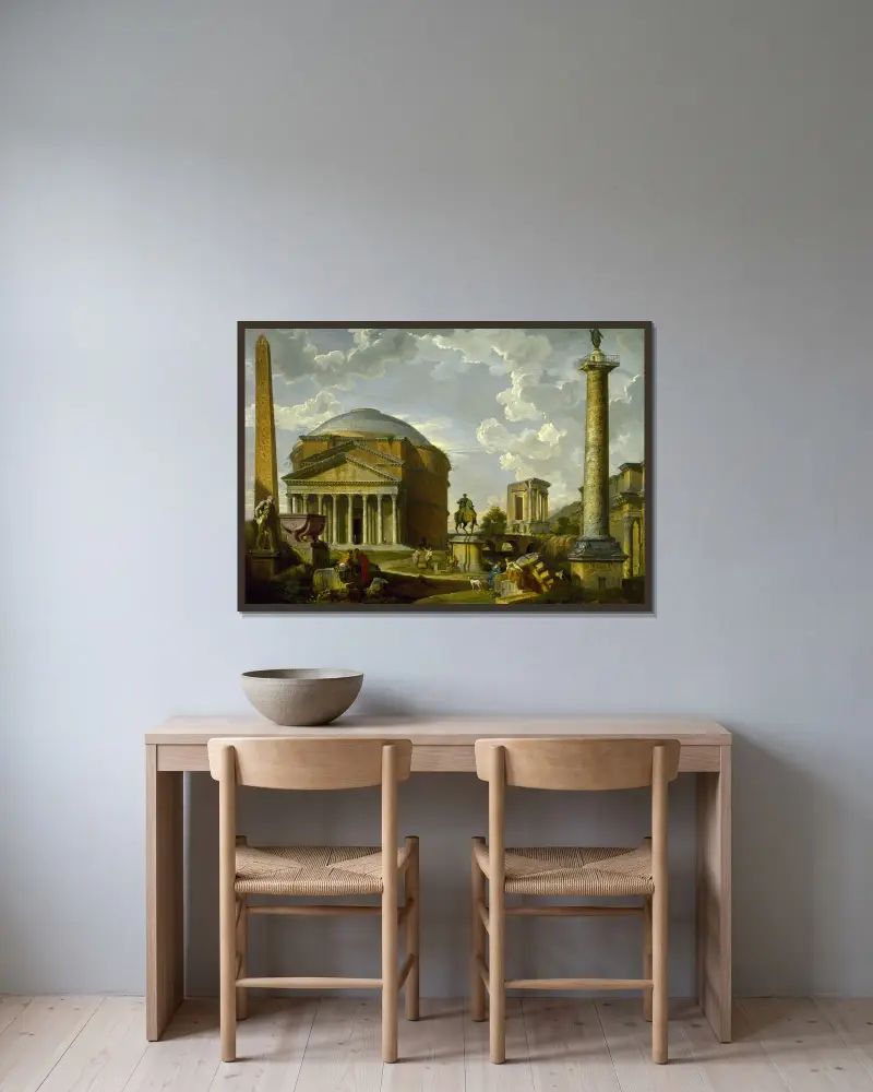 Fantasivy med Pantheon och andra monument från antikens Rom av Giovanni Paolo Panini inramad på en vägg