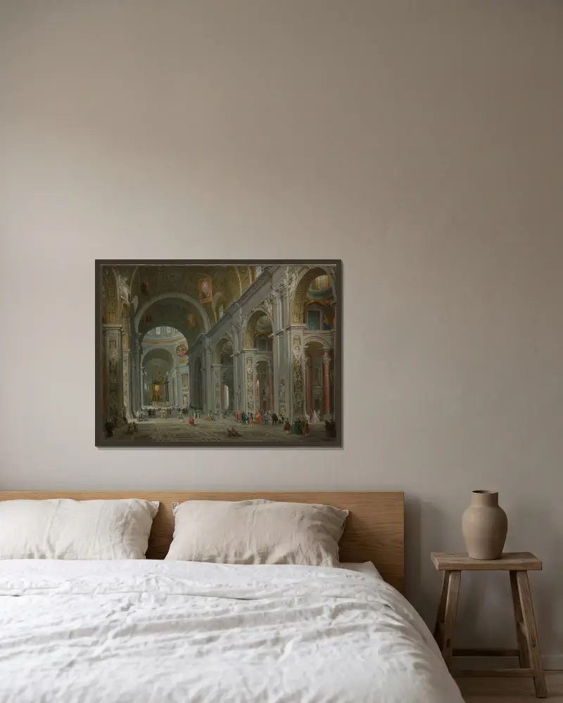 Interiör av Peterskyrkan i Rom av Giovanni Paolo Panini inramad på en vägg