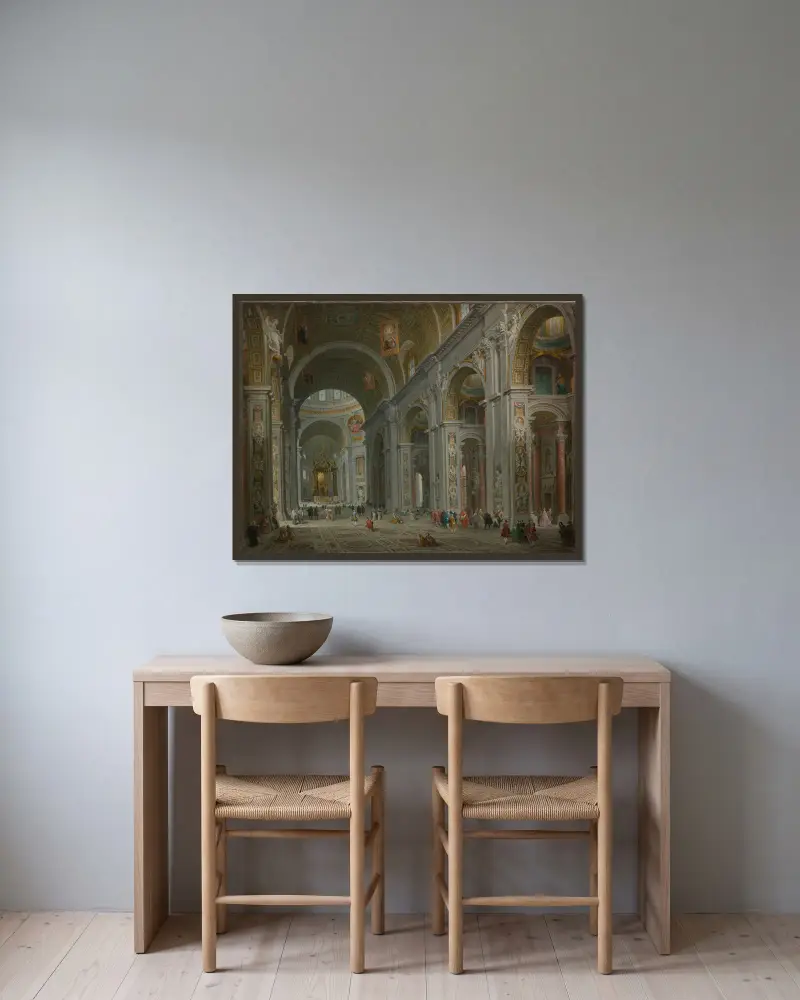 Interiör av Peterskyrkan i Rom av Giovanni Paolo Panini inramad på en vägg