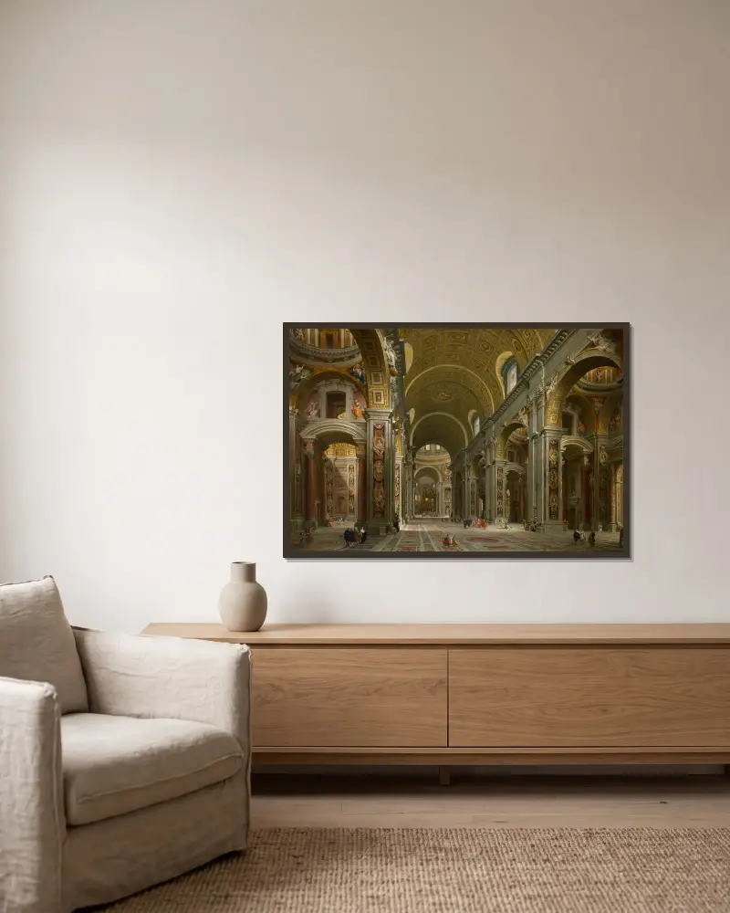 Interiör av Peterskyrkan, Rom av Giovanni Paolo Panini inramad på en vägg