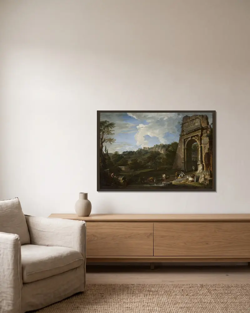 Landschaft mit dem Titusbogen von Giovanni Paolo Panini gerahmt an einer Wand