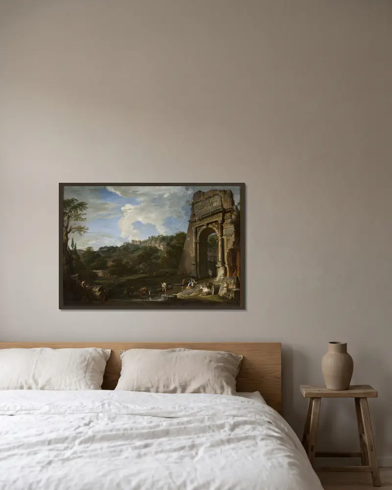 Landschaft mit dem Titusbogen von Giovanni Paolo Panini gerahmt an einer Wand