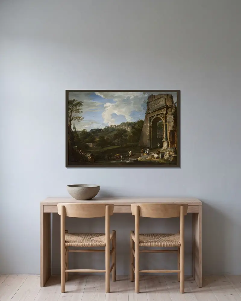 Landschaft mit dem Titusbogen von Giovanni Paolo Panini gerahmt an einer Wand