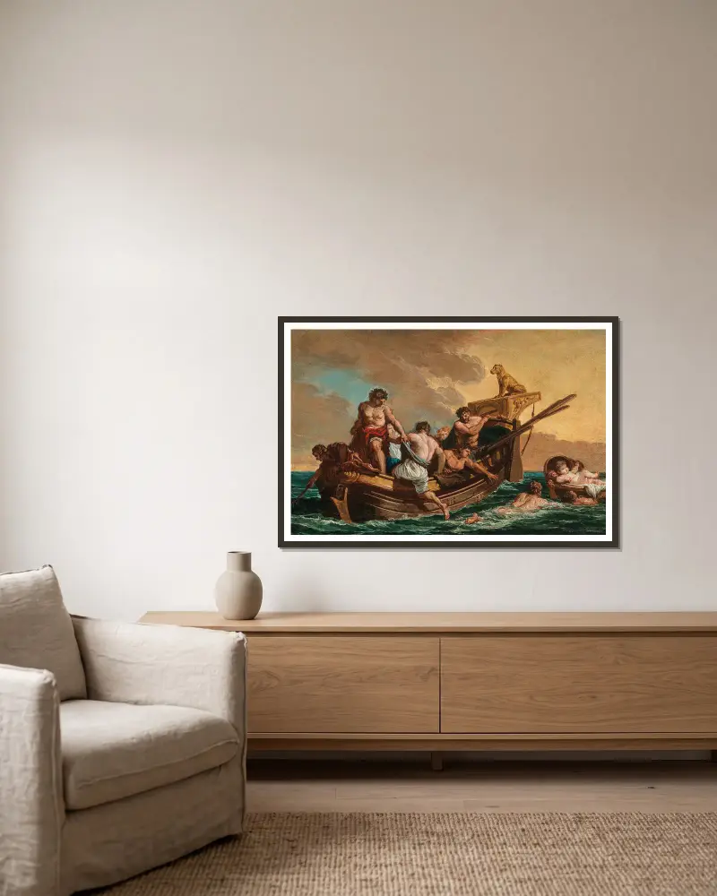 Sjöfolk räddar en ung pojke som driver på havet i en korg av Giovanni Paolo Panini inramad på en vägg