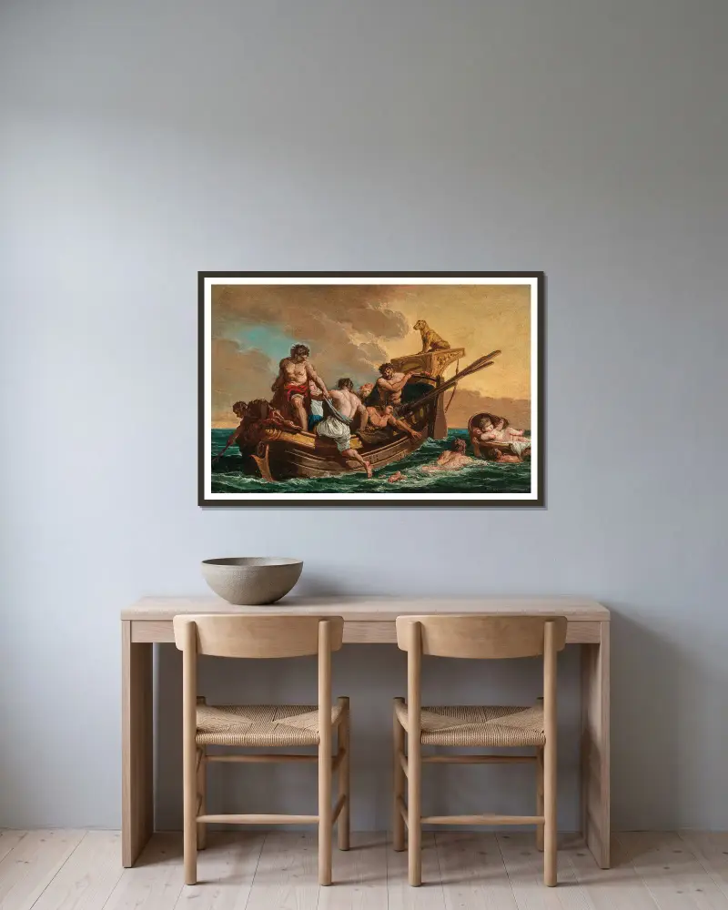 Sjöfolk räddar en ung pojke som driver på havet i en korg av Giovanni Paolo Panini inramad på en vägg