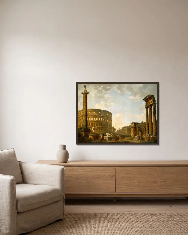 Romerskt capriccio: Colosseum och andra monument av Giovanni Paolo Panini inramad på en vägg