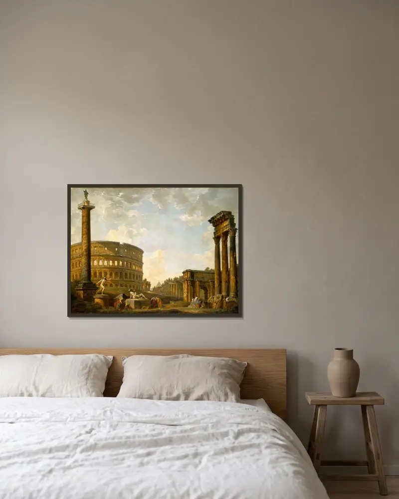 Romerskt capriccio: Colosseum och andra monument av Giovanni Paolo Panini inramad på en vägg