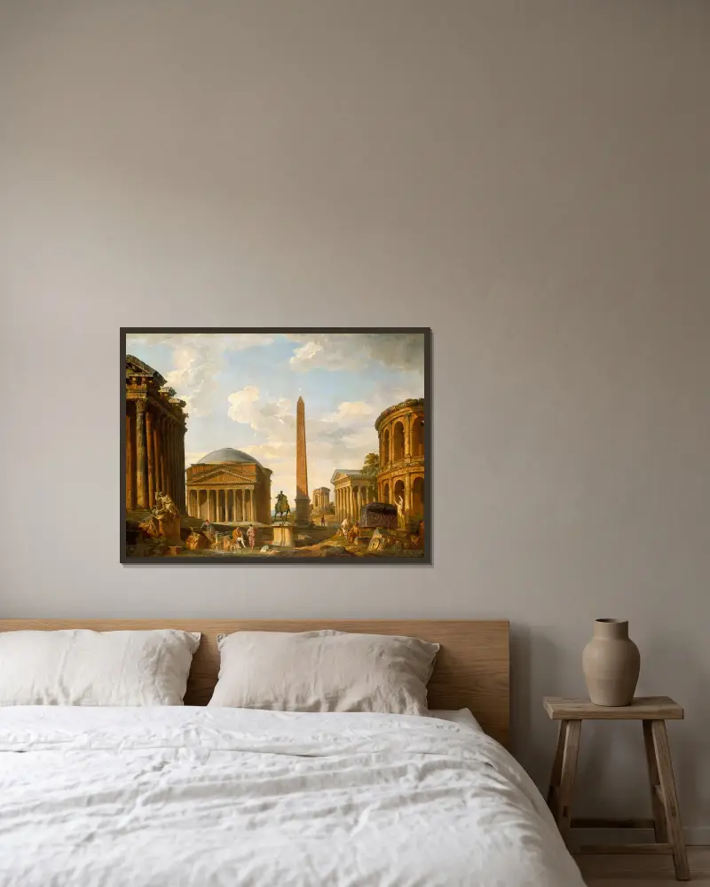 Römisches Capriccio: Das Pantheon und andere Monumente von Giovanni Paolo Panini gerahmt an einer Wand