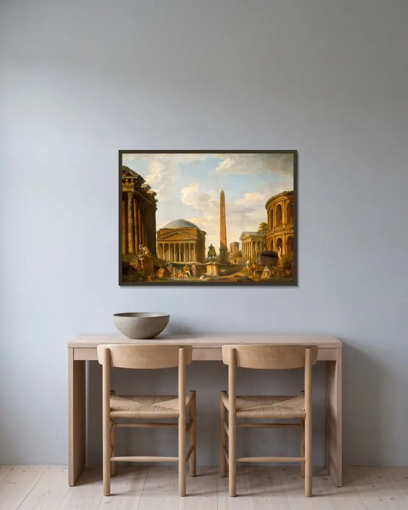 Römisches Capriccio: Das Pantheon und andere Monumente von Giovanni Paolo Panini gerahmt an einer Wand