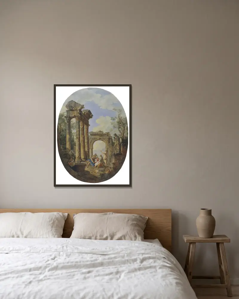 Roman Ruins – nr 2 av Giovanni Paolo Panini inramad på en vägg
