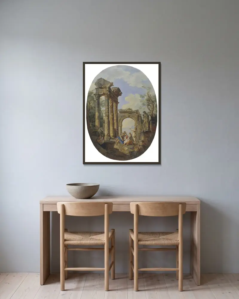 Roman Ruins – nr 2 av Giovanni Paolo Panini inramad på en vägg