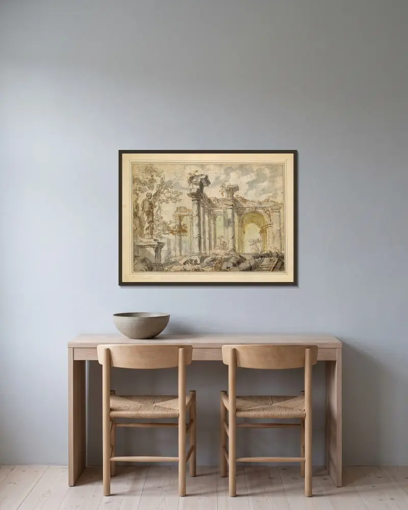 Ruiner med en staty till vänster av Giovanni Paolo Panini inramad på en vägg
