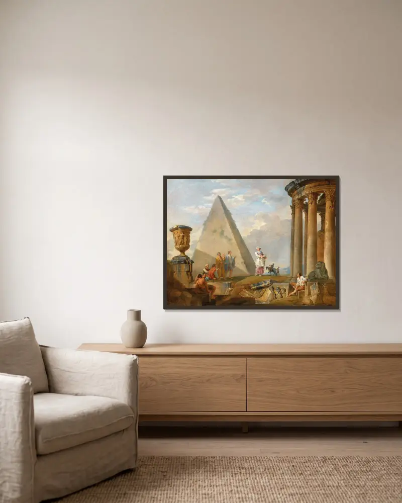 Ruiner med en predikande kvinna av Giovanni Paolo Panini inramad på en vägg