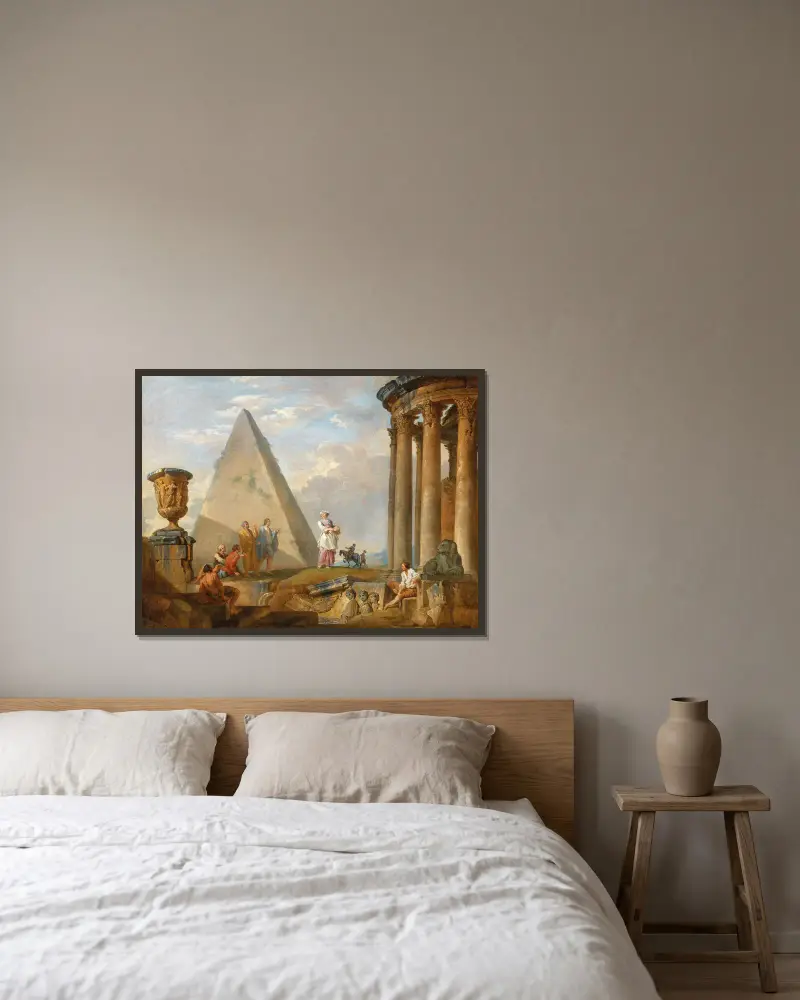 Ruiner med en predikande kvinna av Giovanni Paolo Panini inramad på en vägg