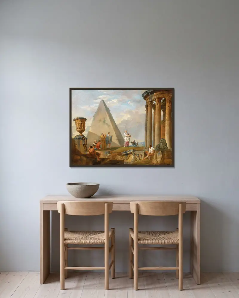 Ruiner med en predikande kvinna av Giovanni Paolo Panini inramad på en vägg